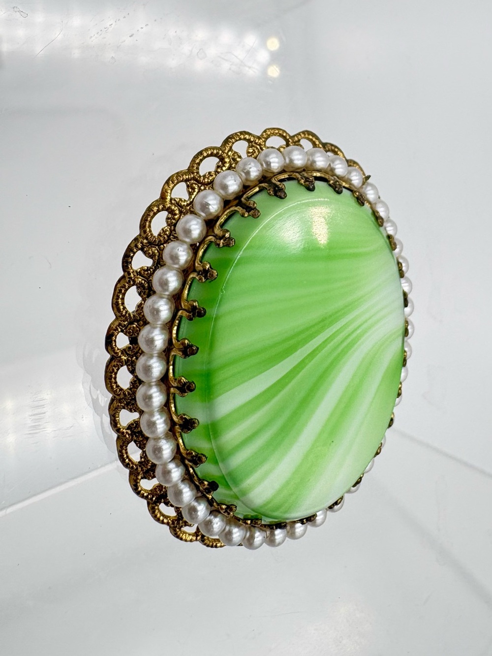 Vintage MCM Morwina W Germany Green Glass with Faux Seed Pearl Filagree Brooch